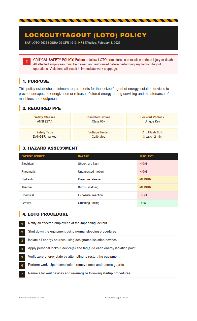 Industrial safety policy with warning elements